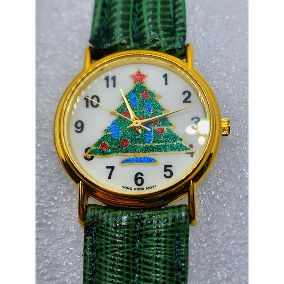 Christmas Pine Tree Spirit watch Ronica Quartz watch Vintage Green Gold Star NOS - Picture 1 of 6